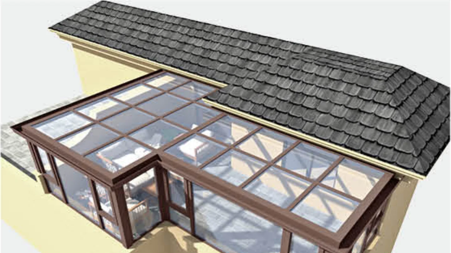 Glass aluminium sunroom on a terrace facing the sea, design rendering