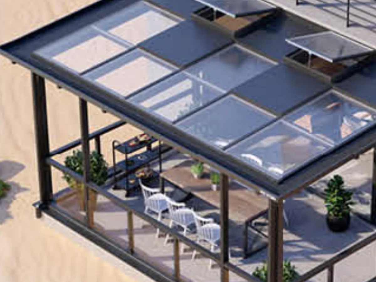 Sunroom living space with an aluminium storage bay at the end, design rendering