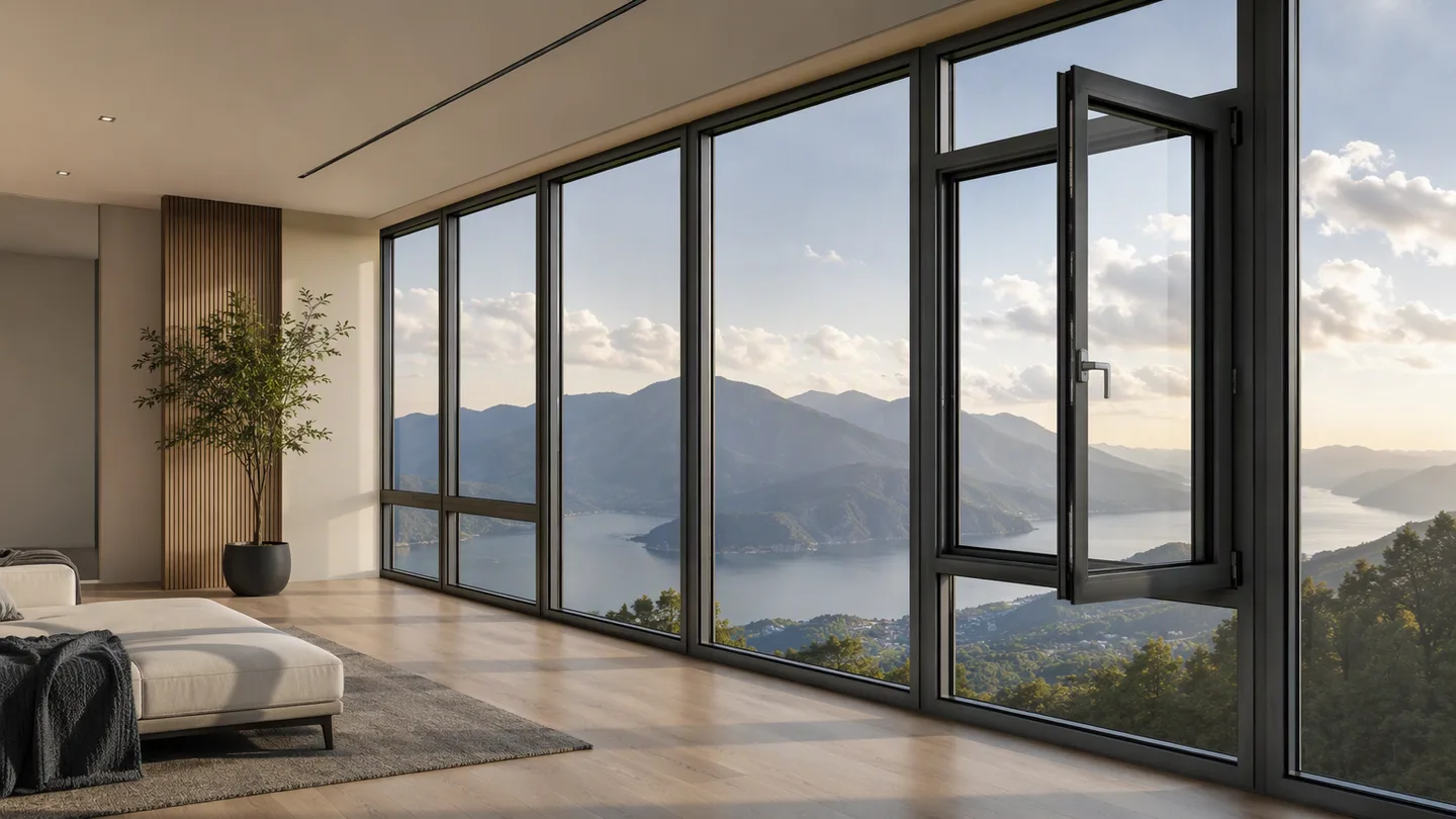 110 series five-chamber thermal-break casement window wall in a high-rise living room, one sash open over a lake view