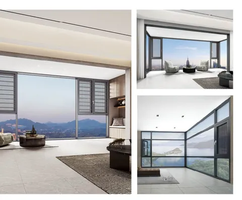 110 series five-chamber thermal-break casement window wall in a high-rise living room, one sash open over a lake view
