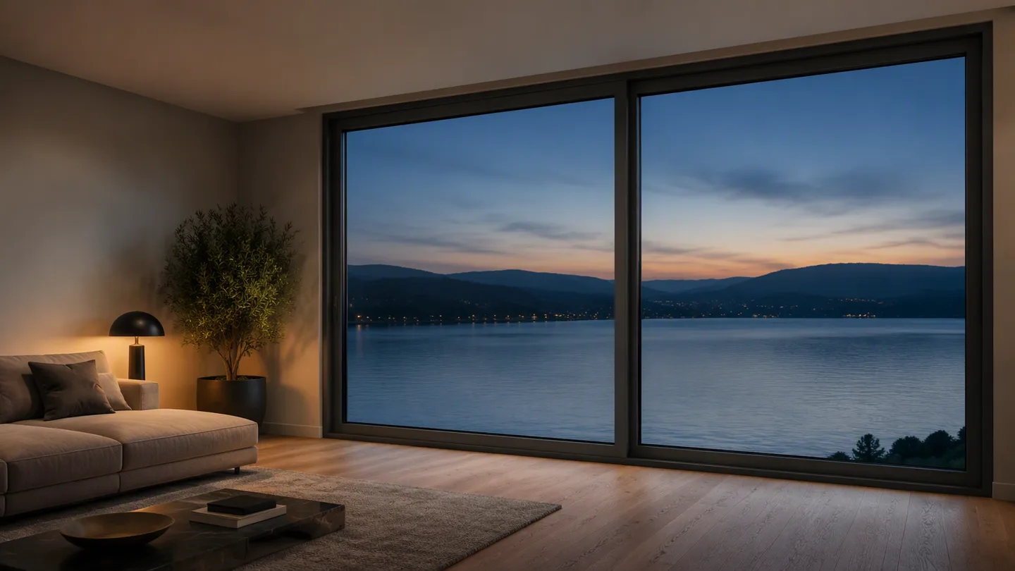110 series 6-chamber casement window wall in a terrace living room, wide closed sash lights over a lake at dusk