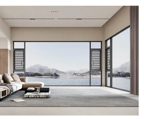 110 series 6-chamber casement window wall in a terrace living room, wide closed sash lights over a lake at dusk