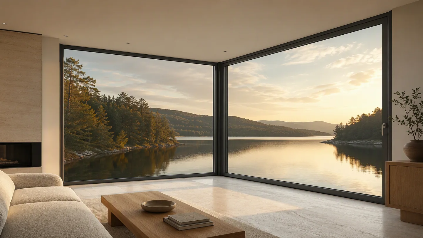 Corner window scenes in the 118 series six-chamber casement window, lake view