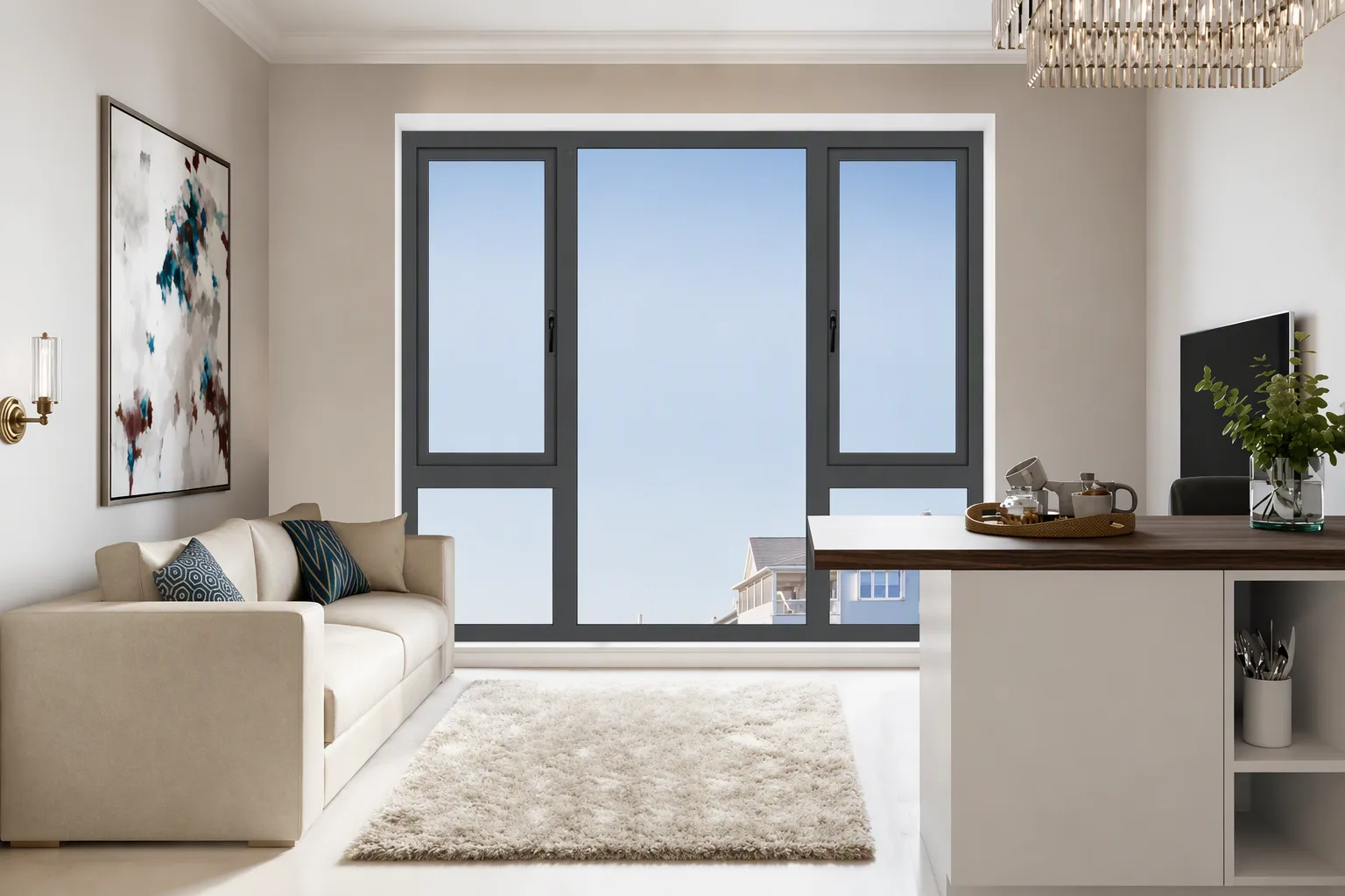 Bright living room with a 50 series aluminium casement window, daylight interior