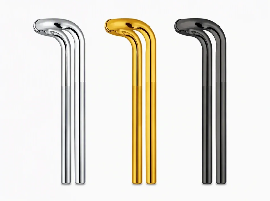Bent aluminium window handles in silver, gold and black