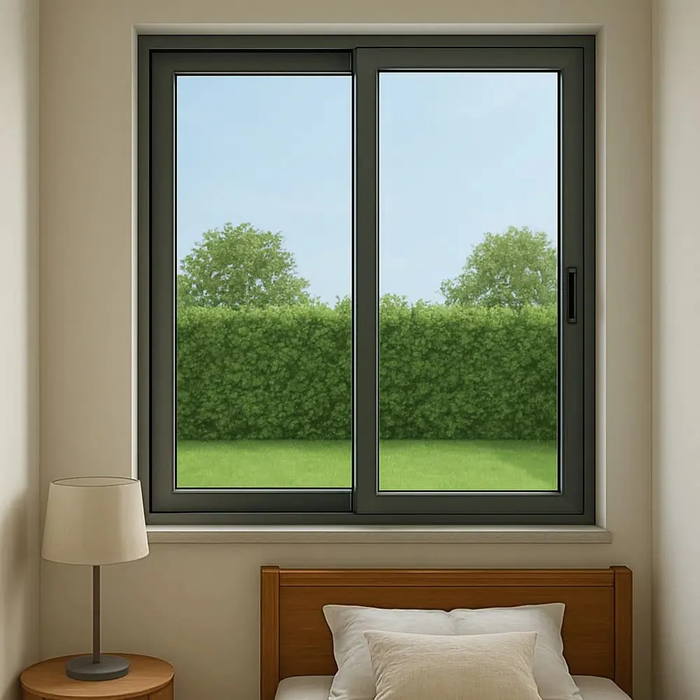Dark grey aluminium window in a bedroom with a hedge view