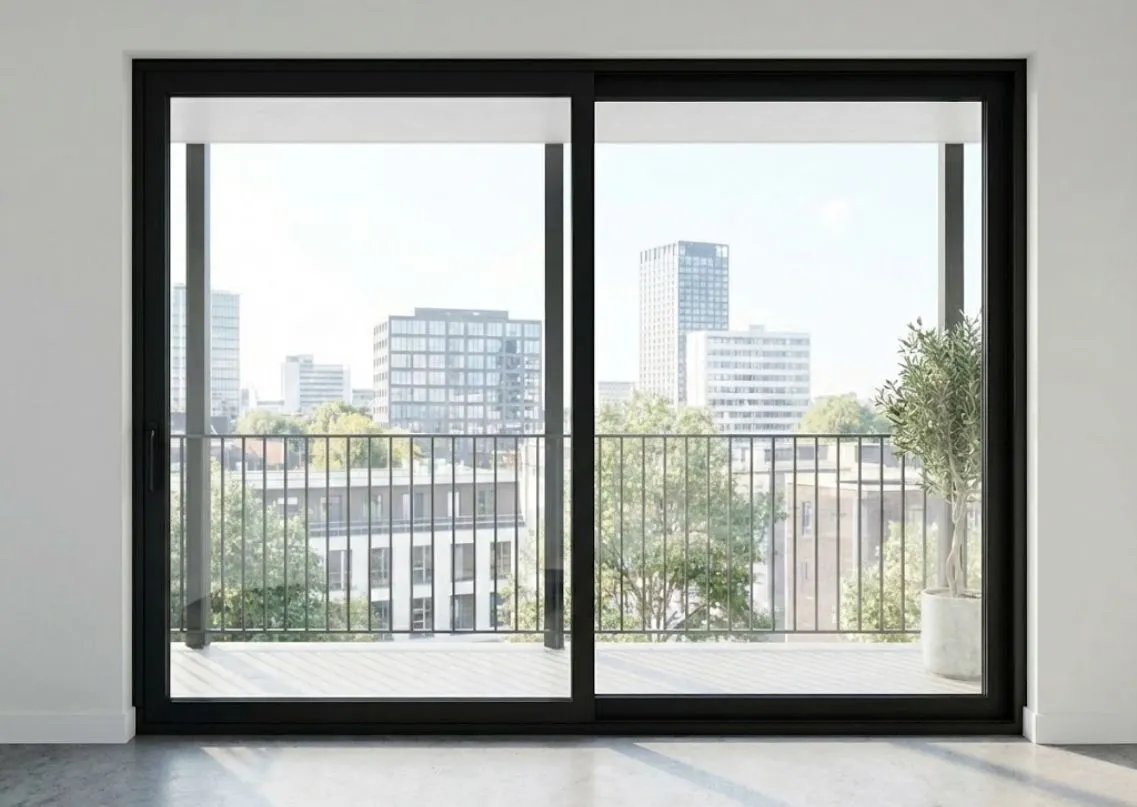Black aluminium sliding window with a balcony and city view
